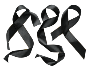 Three shiny, curled black ribbons on a black background. Ribbon details show slight gold edging