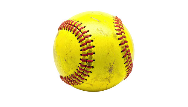 A close-up of a yellow softball with red stitching, isolated against a black background