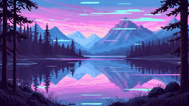 Pixelated Serenity: Tranquil Lake and Mountain Reflection in a Digital Landscape Artscape