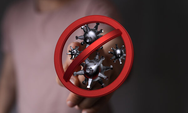 Concept image representing the danger of virus and disease prevention. Illustration of a sign banning the coro