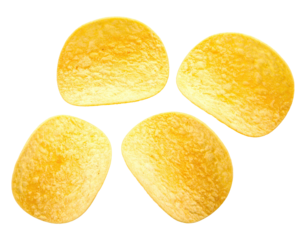 Four golden, slightly translucent, potato crisps with distinct edges set against a black background