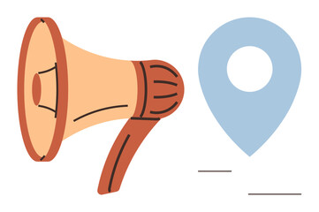 Megaphone placed next to a map pin, symbolizing location-based announcements, marketing, or campaigns. Ideal for advertising, location services, communication, navigation, branding social media