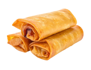 Three golden-brown, crispy spring rolls, overlapping on a transparent background