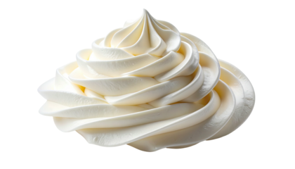 A close-up shot of a swirled dollop of thick, white, creamy dessert topping