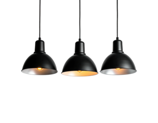 Three hanging, black metal pendant lights with internal metallic reflectors illuminate dimly