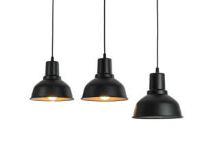 Three minimalist black pendant lights hang against a dark background, bulbs illuminated