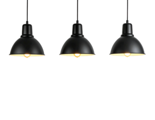 Three minimalist black pendant lights hang against a void background, illuminating the room below