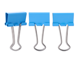 Three bright blue, metallic hinged paper clips in a line, isolated on a black background