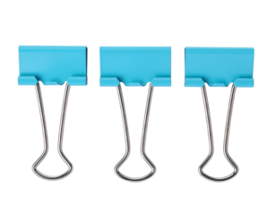 Three vibrant blue and silver binder clips, isolated against a solid black background