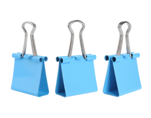 Three light blue binder clips set against a solid black background, angled for 3D appearance