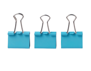 Three vibrant blue paper binder clips with metallic handles. Arranged in a row against a black background