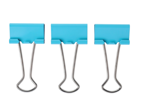 Three vibrant blue and silver binder clips, isolated against a solid black background - Powered by Adobe