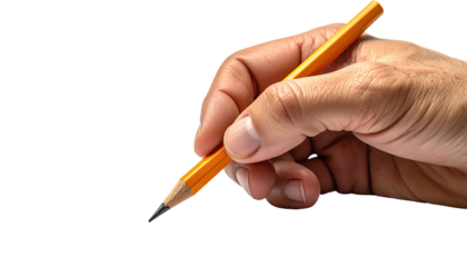A close-up shot of a hand holding a yellow pencil, ready to write against a black background