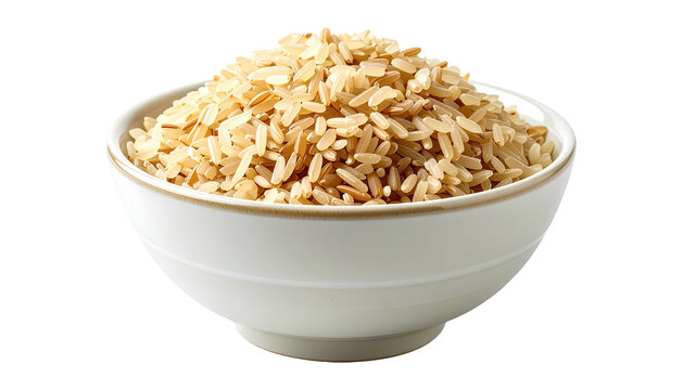 A close-up shot of a white bowl filled with uncooked brown rice, isolated on transparent background