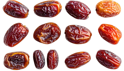 A close-up shot of multiple dates arranged on a black background