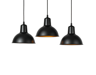Three minimalist black pendant lights hang against a stark, empty black background