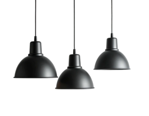 Three minimalist black pendant lights hang against a dark background, simple, modern, elegant