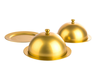 Isolated golden serving dishes, one plate, two cloches, and a sleek black background