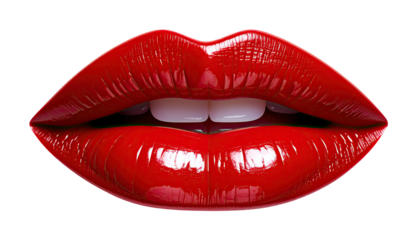 A close-up studio shot shows a pair of glossy, red lips against a black backdrop