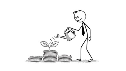 Stick figure watering a plant growing from a stack of coins symbolizing financial growth.