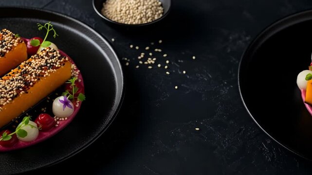 Gourmet delight, artistic food arrangement showcasing vibrant colors and meticulous detail of