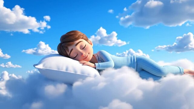 Peaceful cartoon child sleeping soundly on fluffy white clouds in a serene blue sky, embodying ultimate comfort and sweet dreams for World Sleep Day awareness.