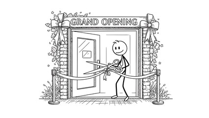 Stick Figure Businessman Cuts Ribbon at Grand Opening Ceremony.