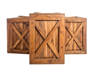 Three wooden rustic, aged, stained panel doors in an offset arrangement against a black background