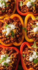 Colorful stuffed bell peppers with ground meat, cheese, and cilantro. Top-down view of a delicious homemade Mexican meal.