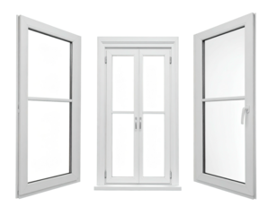 Three white windows, one central closed and flanked by two angled, open frames