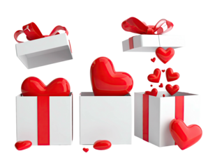 Animated image of various white gift boxes with red ribbons and hearts spilling out