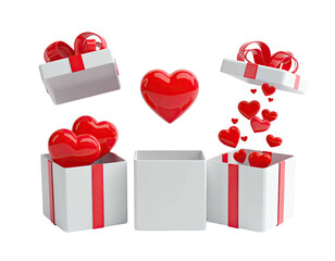 Collection of open gift boxes and hearts, floating and spilling. 3D rendered on a black background