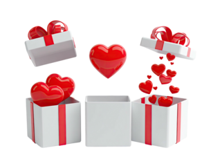 Collection of open gift boxes and hearts, floating and spilling. 3D rendered on a black background