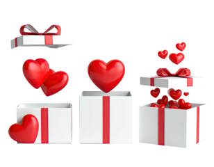 Three gift boxes with red ribbons, hearts overflowing, ideal for love or Valentine's Day