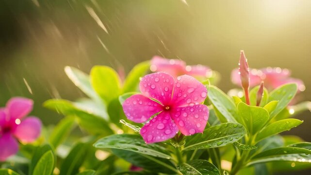 Gentle rain rejuvenates vibrant pink flowers in a lush green garden oasis, creating a serene and