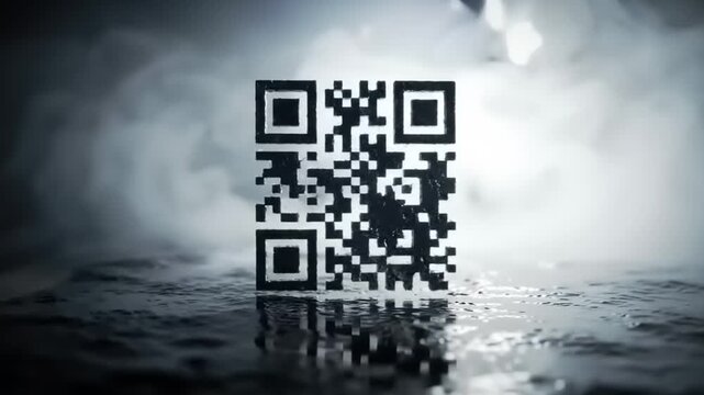3D QR Code on reflective surface with smoke.