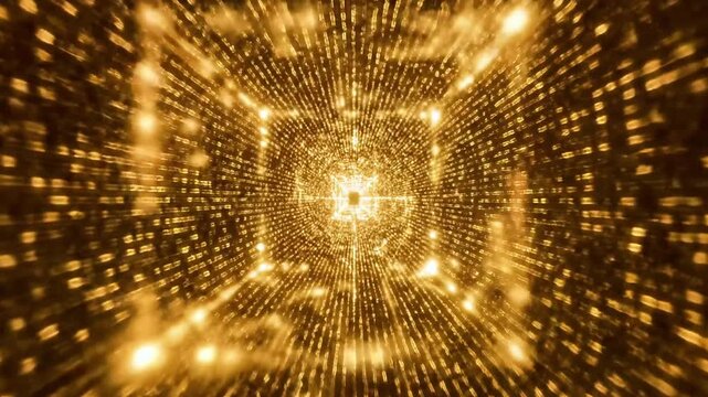 A vibrant digital artwork featuring a radiant golden square surrounded by a mesmerizing array of tiny squares and rectangles in various shades of gold, creating a sense of depth and energy