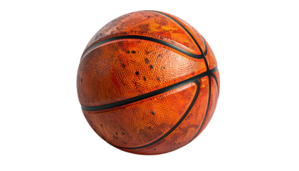 A close-up view of a well-worn, textured basketball with black seams against a black background