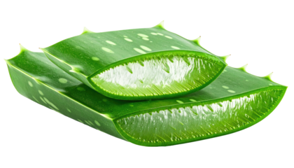 A close-up view of fresh Aloe Vera leaves, one sliced open, showcasing inner gel