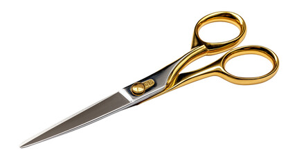 Sharp metal scissors with gold handle isolated on white background or transparent png, showing sleek blades, ergonomic grip, and luxury design.
