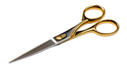 Sharp metal scissors with gold handle isolated on white background or transparent png, showing sleek blades, ergonomic grip, and luxury design.