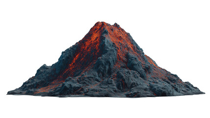 Volcano from mountain isolated on white background or transparent png, showing conical peak, rocky texture, volcanic structure, and dramatic geological formation.