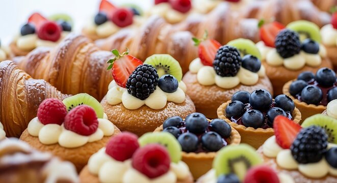 Assortment of Delicious Pastries and Croissants with Fresh Berries and Fruit Toppings.