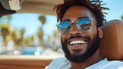 Happy African American man with curly hair and beard wearing sunglasses smiling in car interior during sunny day road trip vacation travel lifestyle.