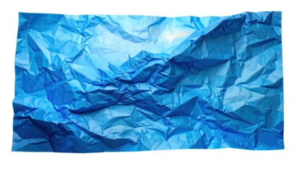 A close-up view showing heavily crumpled blue paper texture. Light reflects