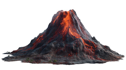 Volcano from mountain isolated on white background or transparent png, showing conical peak, rocky texture, volcanic structure, and dramatic geological formation