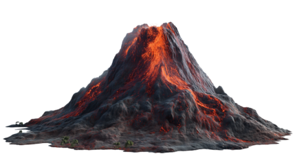 Volcano from mountain isolated on white background or transparent png, showing conical peak, rocky texture, volcanic structure, and dramatic geological formation