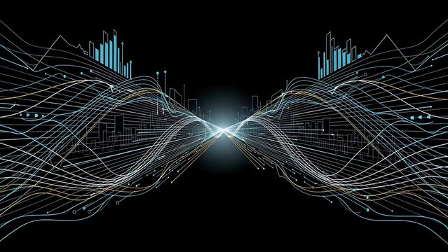 Digital data streams converging with glowing light burst on black background for technology and network visualization concepts.