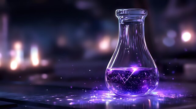 Glass laboratory flask with glowing purple liquid on dark surface with bokeh lights background for science and chemistry concepts.