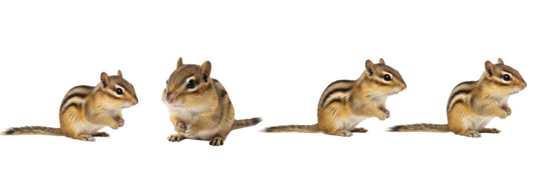 Set of realistic chipmunk collection isolated on transparent PNG background, oil paint